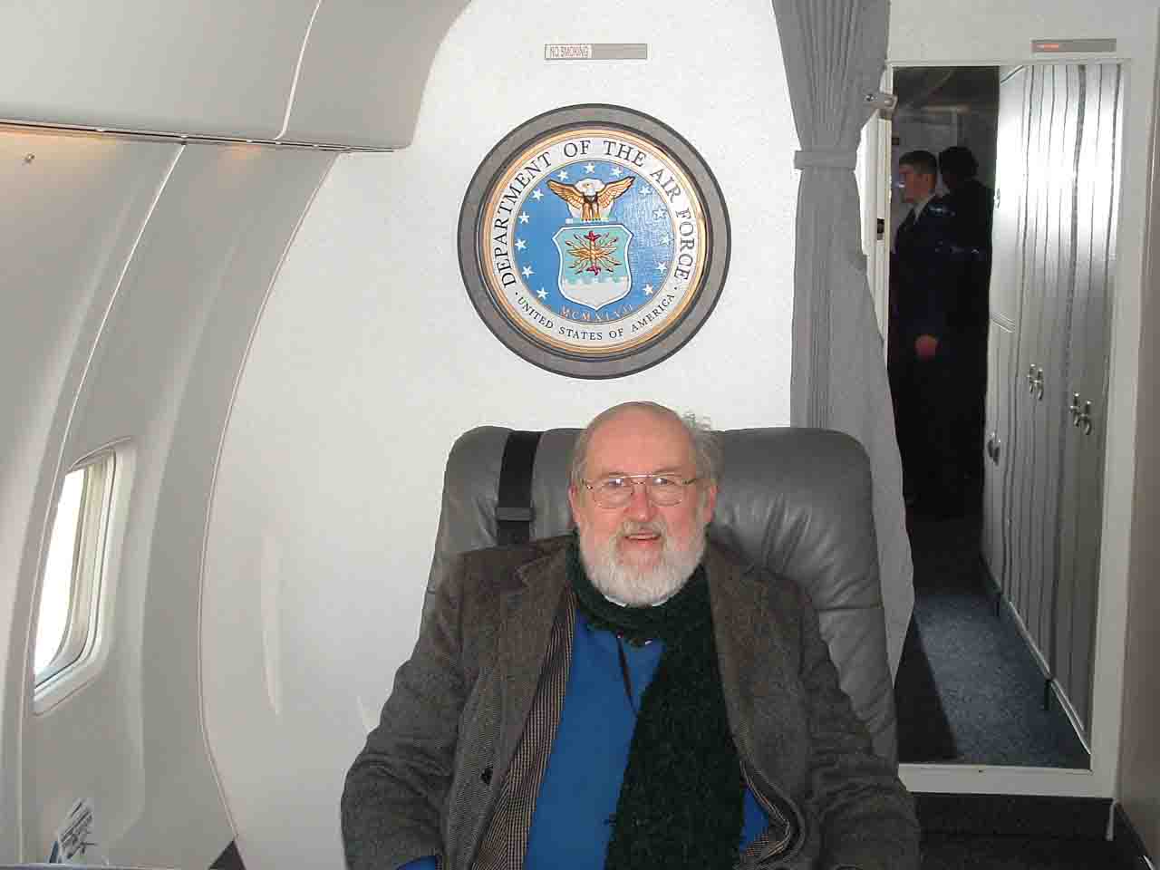 Craig B. Waff sitting in Air Force Two (in one of the several aircraft that conveys the U.S. Vice President) in December 2005 while he was detailed as historian to the 89th Airlift Wing at Andrews AFB.