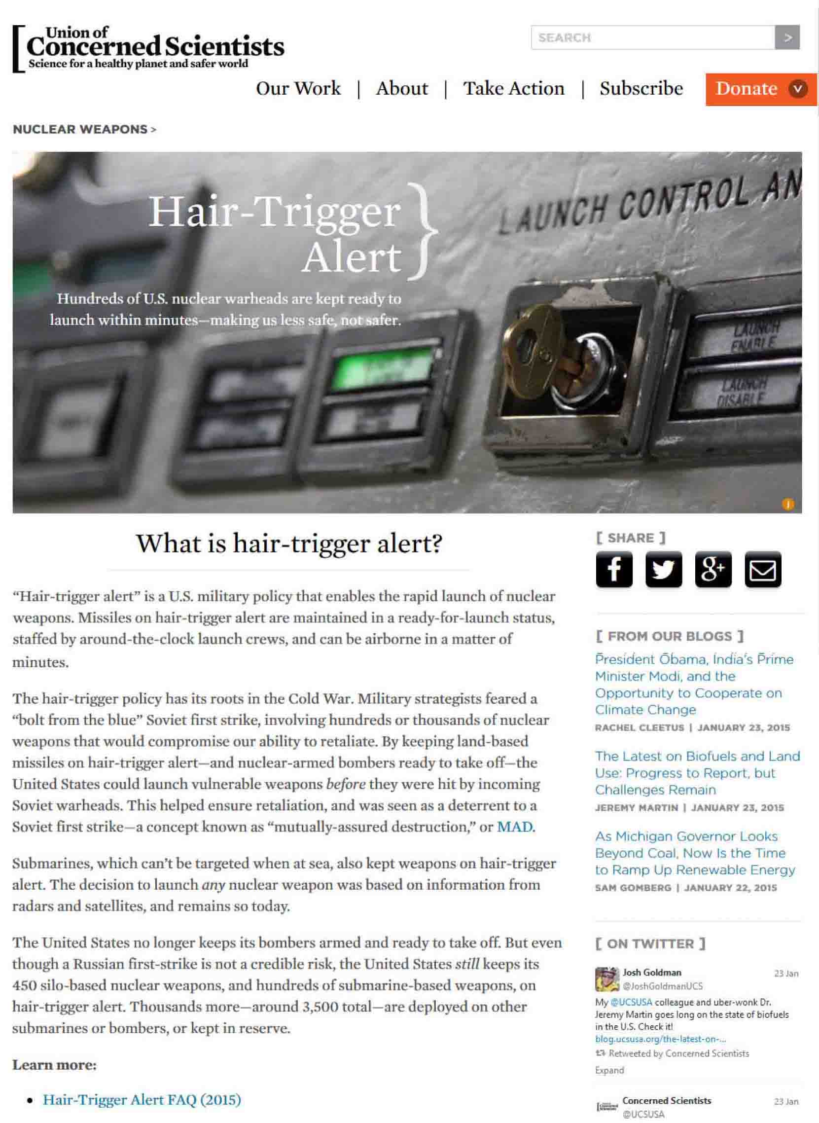 UCS web page for three 2015 factsheets I edited on nuclear weapons on hair-trigger alert