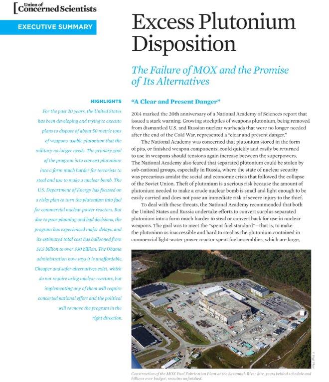 2015 UCS report I edited on Excess Plutonium Disposition, written by Edwin S. Lyman (executive summary shown)