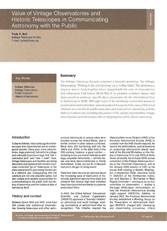 Value of Vintage Observatories and Historic Telescopes in Communicating Astronomy with the Public, CAPjournal, October 2010 - published by the International Astronomical Union - summary of 2008 Antique Telescope Society's thematic workshop