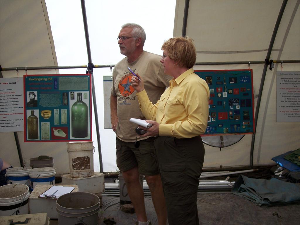 interviewing David Bush at Johnson Island Civil War prisoner of war camp for Confederate officers, for American Archaeology