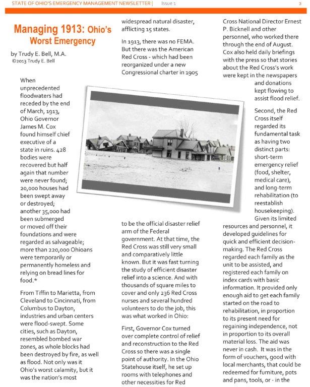 Wrote article "Managing 1913: Ohio's Worst Emergency" for winter 2013 issue of Ohion's Emergency Management Newsletter