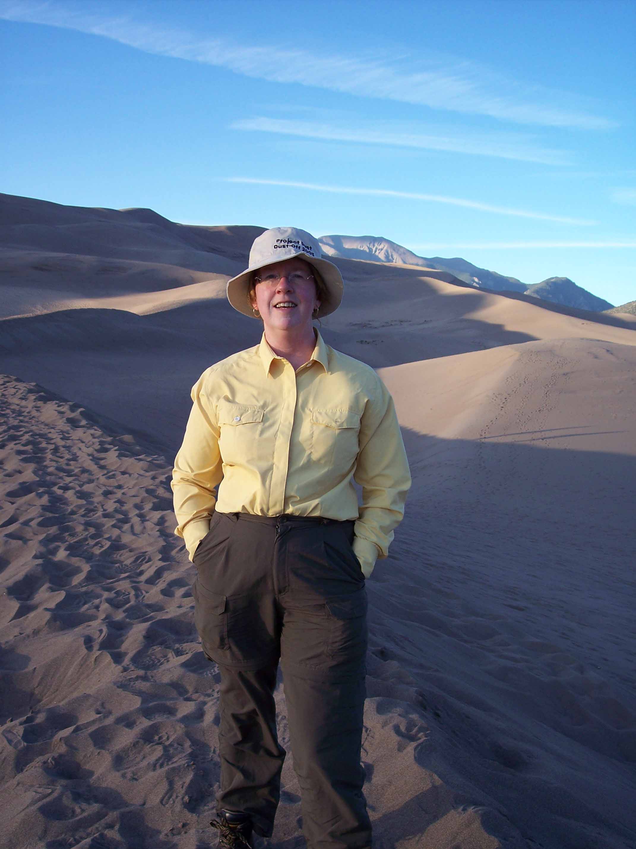 Trudy E. Bell at Great Dunes in Colorado for Air & Space article on lunar and martian dust, 2006